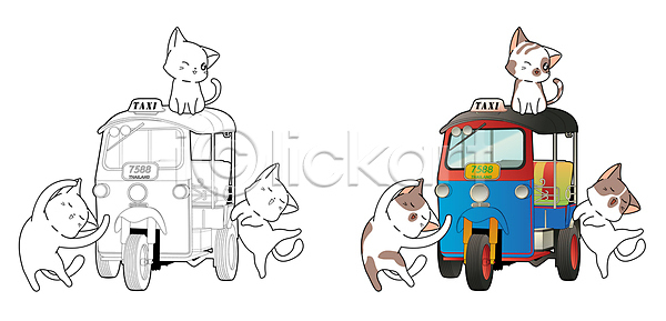 사람없음 JPG 일러스트 해외이미지 고양이 놀이 색칠공부 여러마리 택시