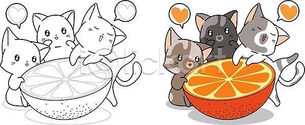 사람없음 EPS 일러스트 해외이미지 고양이 색칠공부 여러마리 오렌지 장난 하트
