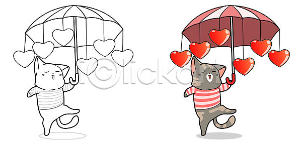 사람없음 JPG 일러스트 해외이미지 고양이 두마리 들기 색칠공부 우산 하트