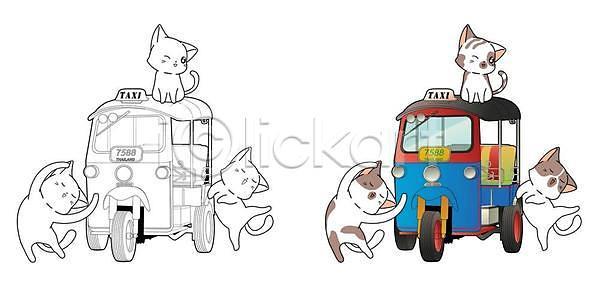 사람없음 EPS 일러스트 해외이미지 고양이 놀이 색칠공부 여러마리 택시