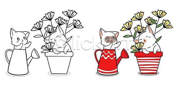 사람없음 EPS 일러스트 해외이미지 고양이 꽃 물뿌리개 색칠공부 여러마리 화분