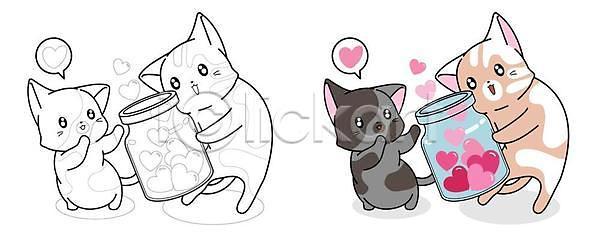 사랑 사람없음 EPS 일러스트 해외이미지 고양이 들기 색칠공부 여러마리 유리병 하트