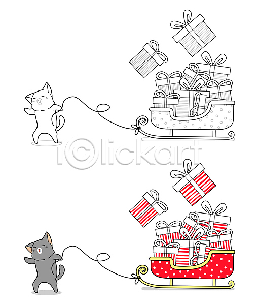 사람없음 JPG 일러스트 해외이미지 고양이 두마리 색칠공부 선물상자 수레끌기 썰매