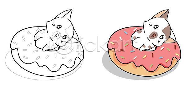 사람없음 EPS 일러스트 해외이미지 고양이 도넛 두마리 색칠공부