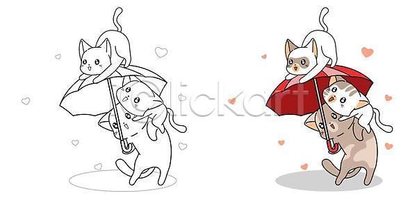 러블리 사람없음 EPS 일러스트 해외이미지 고양이 들기 색칠공부 여러마리 우산 하트
