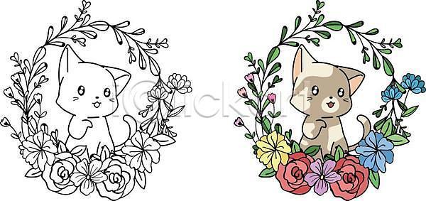 사람없음 EPS 일러스트 해외이미지 고양이 꽃 꽃프레임 두마리 색칠공부