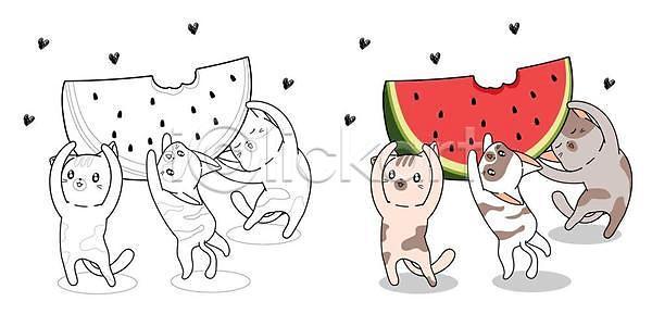 사람없음 EPS 일러스트 해외이미지 고양이 들기 색칠공부 수박 수박조각 여러마리 해외일러스트