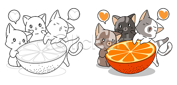 사람없음 JPG 일러스트 해외이미지 고양이 색칠공부 여러마리 오렌지 장난 하트