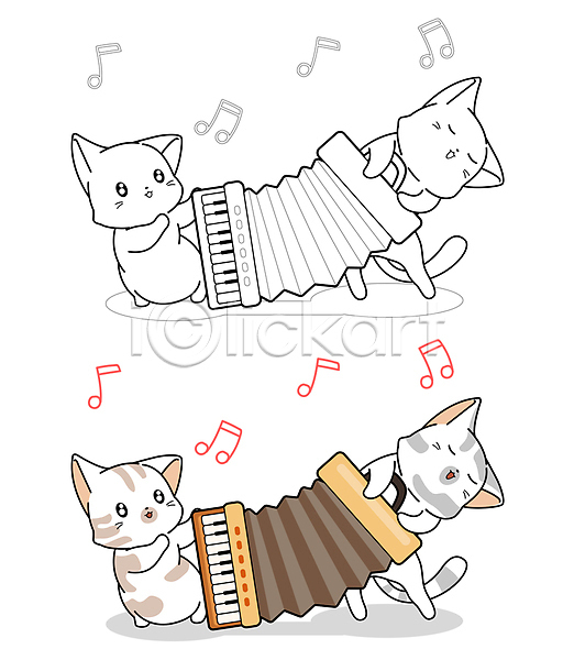 사람없음 JPG 일러스트 해외이미지 고양이 들기 색칠공부 아코디언 여러마리 연주