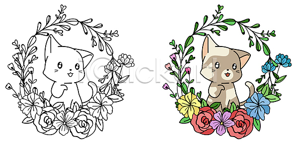 사람없음 JPG 일러스트 해외이미지 고양이 꽃 꽃프레임 두마리 색칠공부