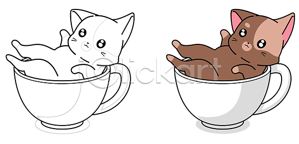 사람없음 JPG 일러스트 해외이미지 고양이 눕기 두마리 색칠공부 컵