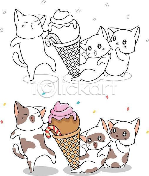 사람없음 EPS 일러스트 해외이미지 고양이 들기 색칠공부 아이스크림 여러마리