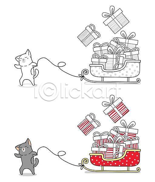 사람없음 EPS 일러스트 해외이미지 고양이 당기기 두마리 들기 색칠공부 선물상자 썰매