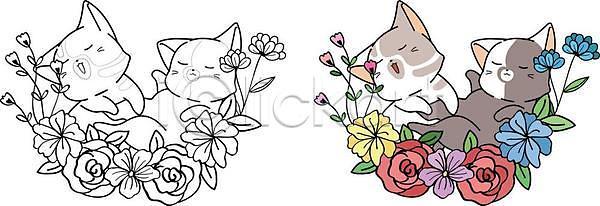 사람없음 EPS 일러스트 해외이미지 고양이 꽃 색칠공부 여러마리