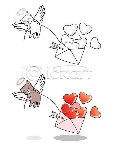사람없음 EPS 일러스트 해외이미지 고양이 두마리 들기 색칠공부 천사 편지봉투 하트 화살