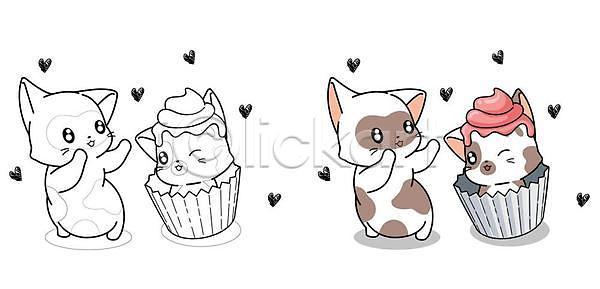 사람없음 EPS 일러스트 해외이미지 고양이 디저트 색칠공부 여러마리 컵케이크 크림 하트