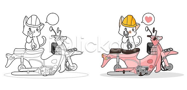 사람없음 JPG 일러스트 해외이미지 고양이 공구 두마리 들기 색칠공부 수리 안전모 오토바이 하트