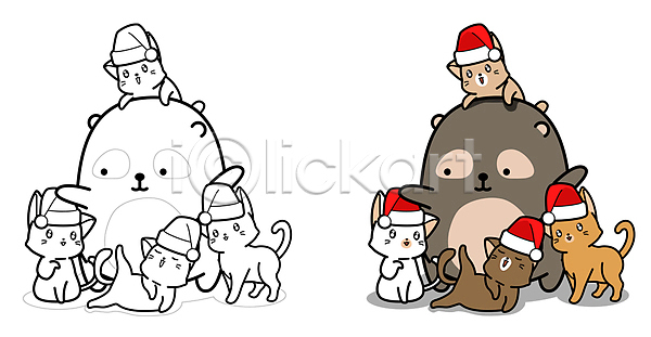 사람없음 JPG 일러스트 해외이미지 고양이 곰 산타모자 색칠공부 여러마리 크리스마스