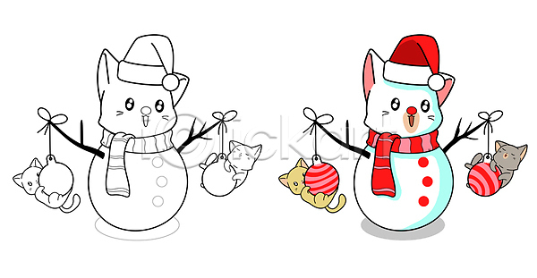 사람없음 JPG 일러스트 해외이미지 겨울 고양이 나뭇가지 눈사람 목도리 산타모자 색칠공부 여러마리 장식볼