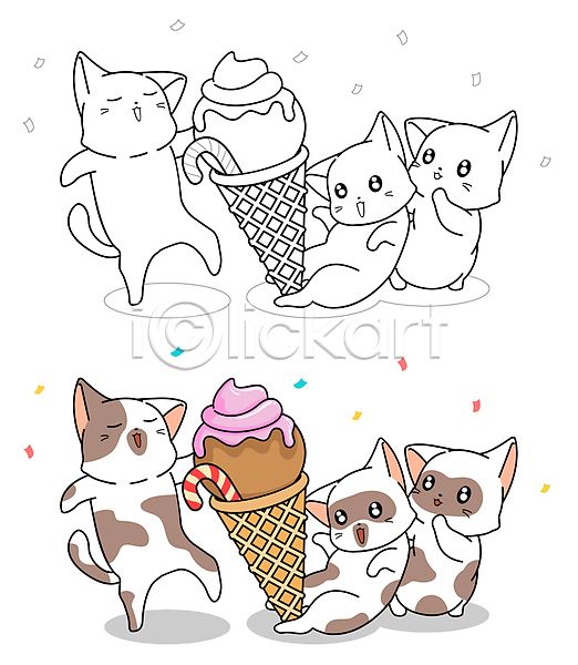 사람없음 JPG 일러스트 해외이미지 고양이 들기 색칠공부 아이스크림 여러마리