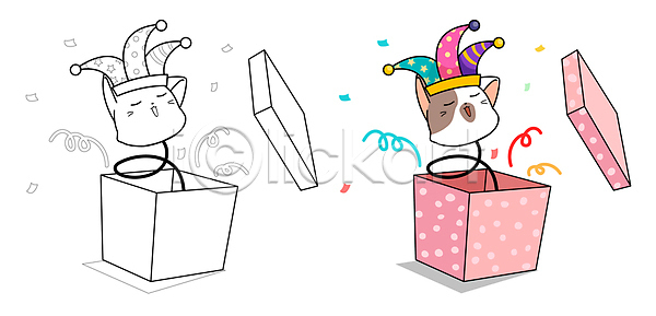 사람없음 JPG 해외이미지 고양이 광대 깜짝상자 꽃가루 두마리 색칠공부
