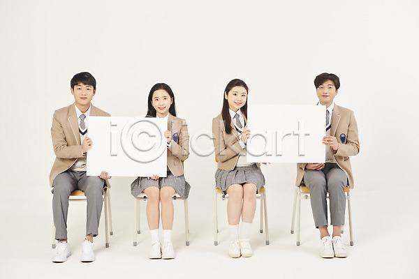 10대 고등학생 남자 십대만 여러명 여자 청소년 한국인 JPG 앞모습 포토 교복 들기 미소(표정) 배너 베이지색배경 사각프레임 스쿨라이프 스튜디오촬영 실내 십대라이프스타일 앉기 의자 전신 친구 학교 학생