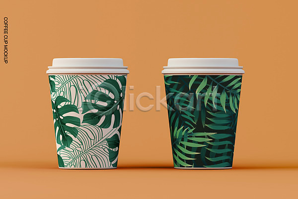 사람없음 3D PSD 디지털합성 편집이미지 나뭇잎 목업 초록색 커피잔 컵뚜껑 테이크아웃컵 트로피컬아트 편집 편집소스