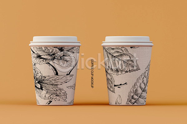 사람없음 3D PSD 디지털합성 편집이미지 나뭇잎 목업 베이지색 커피잔 컵뚜껑 테이크아웃컵 패턴 편집 편집소스