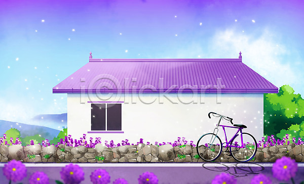 감성 사람없음 PSD 일러스트 꽃 도로 돌담 라벤더 자전거 주택 풍경(경치) 하늘