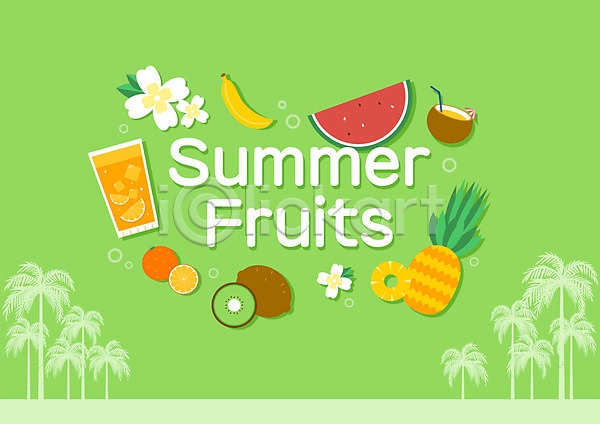 사람없음 AI(파일형식) 일러스트 과일 과일주스 꽃 바나나 수박 야자수 여름(계절) 여름음식 오렌지 오렌지주스 제철과일 초록색 코코넛 키위 타이포그라피 파인애플