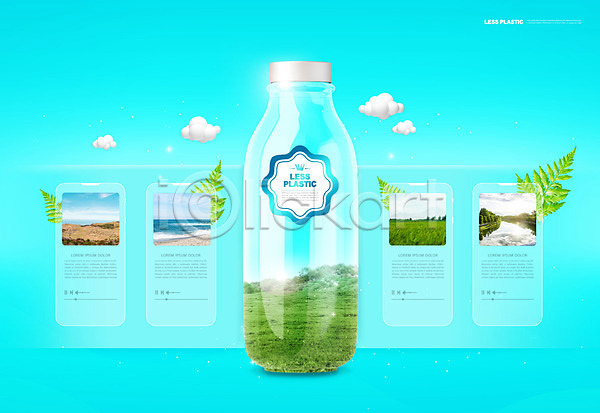 사람없음 PSD 편집이미지 구름(자연) 그린캠페인 노플라스틱 라벨 바다 잎 자연보호 초원(자연) 플라스틱 플라스틱병 하늘색