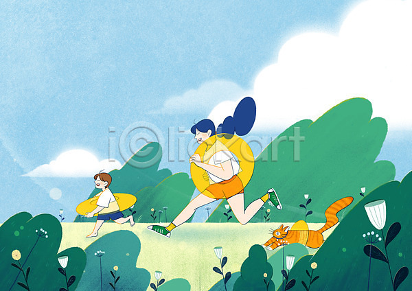 즐거움 휴식 남자 두명 성인 소년 어린이 여자 PSD 일러스트 고양이 구름(자연) 달리기 들기 반려 여름(계절) 여행 전신 튜브 하늘 한마리 해변