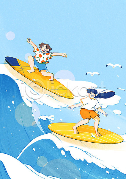 즐거움 휴식 남자 두명 성인 성인만 여자 PSD 일러스트 갈매기 바다 서핑 서핑보드 여행 전신 파도 파란색 팔벌리기 휴가