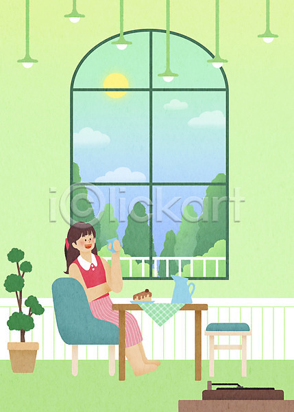 여유 휴식 성인 성인여자한명만 여자 한명 PSD 일러스트 들기 스테이케이션 앉기 여름(계절) 연두색 의자 전등 전신 찻주전자 창문 탁자 태양 턴테이블 화분 휴가 힐링