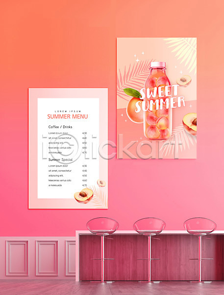 사람없음 PSD 편집이미지 단면 디저트 디저트카페 메뉴판 복숭아 분홍색 야자수잎 여름(계절) 의자 카페 탁자 포스터