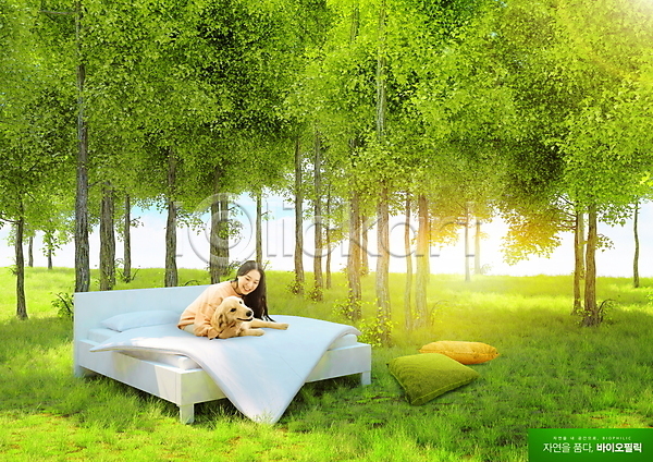20대 성인 성인여자한명만 여자 한국인 한명 PSD 편집이미지 골든리트리버 나무 바이오 반려 반려견 상반신 숲 앉기 연두색 인테리어 자연 자연친화적 침대 쿠션 한마리 햇빛