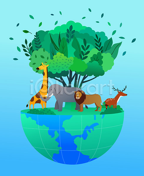 환경보전 사람없음 AI(파일형식) 일러스트 그린캠페인 기린 나무 나뭇잎 녹색성장 동물 사슴 사자 생태계 세계환경의날 여러마리 자연보호 지구 코끼리 하늘색