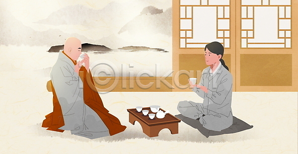 남자 두명 성인 성인만 여자 한국인 PSD 일러스트 가부좌 다도 다도상 들기 마시기 방석 불교 생활한복 승려 승복 앉기 전신 찻잔 템플스테이