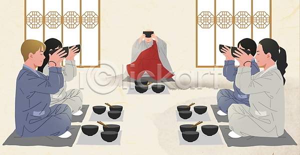 남자 서양인 성인 성인만 여러명 여자 한국인 PSD 일러스트 가부좌 그릇 기도 들기 방석 불교 생활한복 승려 승복 식사 앉기 전신 템플스테이
