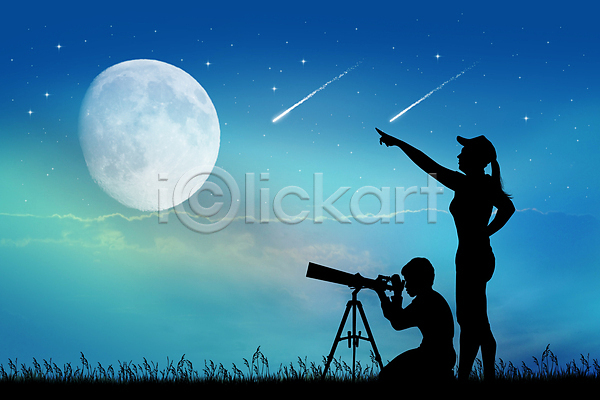 남자 두명 여자 JPG 실루엣 포토 해외이미지 가리킴 관찰 구름(자연) 밤하늘 별 보름달 야간 야외 유성 천체망원경 파란색 해외202004 해외202105