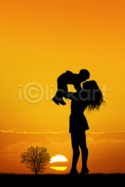 남자 두명 성인 아기 여자 JPG 실루엣 포토 해외이미지 구름(자연) 나무 들어올리기 모자(엄마와아들) 야외 주간 태양 하늘 해외202004 해외202105