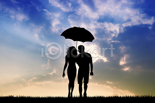 남자 두명 성인 성인만 여자 JPG 실루엣 포토 해외이미지 구름(자연) 서기 야외 우산 전신 주간 커플 하늘 해외202004 해외202105