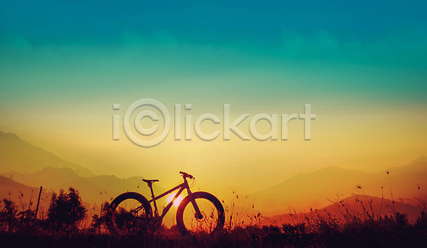 사람없음 JPG 실루엣 포토 해외이미지 산 야외 일몰 자전거 주간 풍경(경치) 하늘 해외202004 해외202105 햇빛