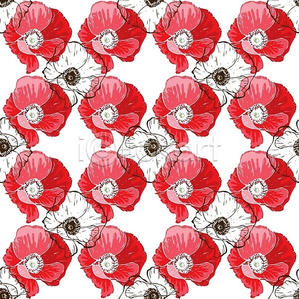 사람없음 EPS 일러스트 해외이미지 꽃 꽃무늬 꽃잎 백그라운드 빨간색 수채화(물감) 양귀비 컬러풀 패턴 해외202004 해외202105