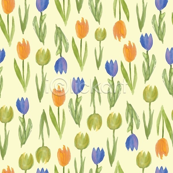 사람없음 EPS 일러스트 해외이미지 꽃 꽃무늬 꽃잎 반복 백그라운드 수채화(물감) 원형 잎 튤립 파란색 패턴 포스터 해외202004 해외202105 화환