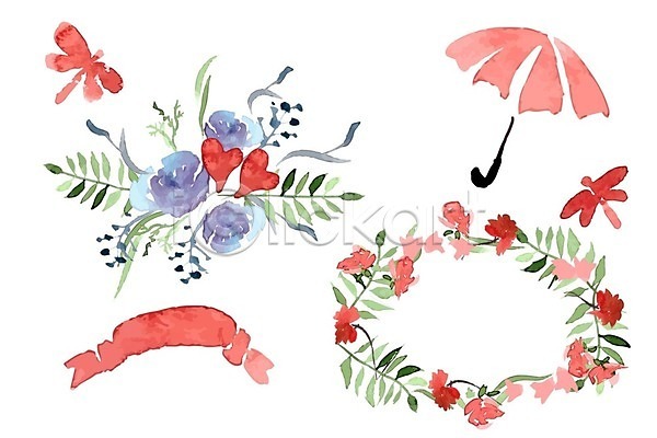 사람없음 EPS 일러스트 해외이미지 꽃 두마리 리본 수채화(물감) 우산 잎 잠자리 하트 해외202004 해외202105