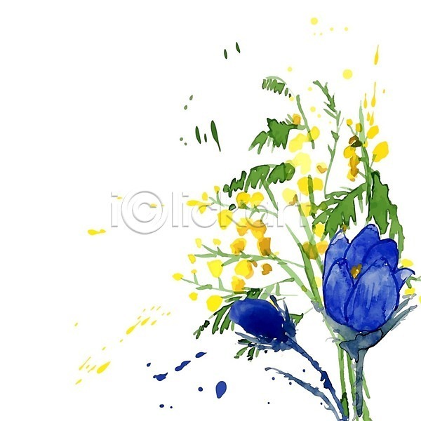 사람없음 EPS 일러스트 해외이미지 꽃 꽃무늬 노란색 물 속도 수채화(물감) 잎 줄기 컬러풀 파란색 패턴 프레임 해외202004 해외202105 핸드메이드 헌병
