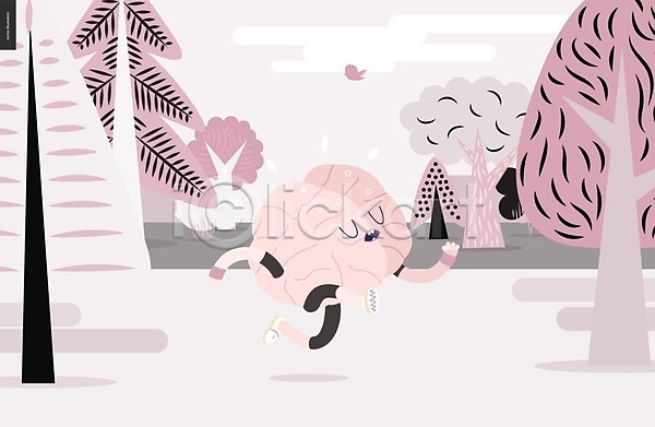 사람없음 EPS 일러스트 해외이미지 나무 뇌 달리기 땀 분홍색 숲 운동 의학캐릭터 장기(의학) 조류 캐릭터 한마리 해외202004 해외202105