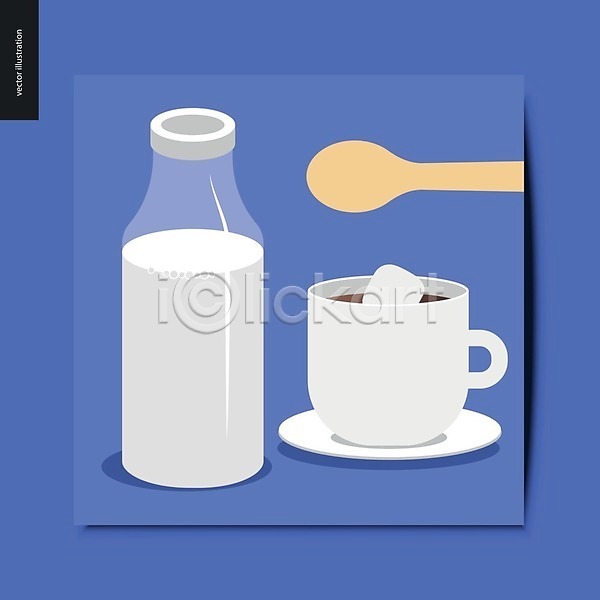 사람없음 EPS 일러스트 해외이미지 각설탕(식품) 넣기 마시멜로우 숟가락 심플 우유 우유병 커피 커피잔 컵받침 파란색 해외202004 해외202105 흰색