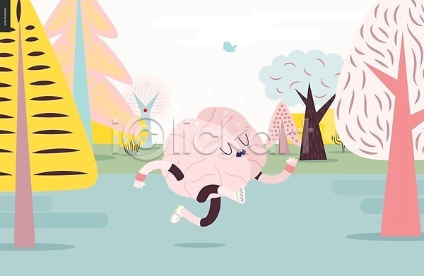 사람없음 EPS 일러스트 해외이미지 나무 뇌 달리기 땀 숲 운동 의학캐릭터 장기(의학) 조류 캐릭터 한마리 해외202004 해외202105